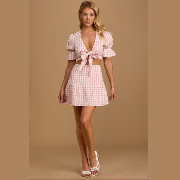 Lulus Patio Cutie Embroidered Pink Gingham Tie Front Top & Mini Skirt Set XS - Picture 9 of 16